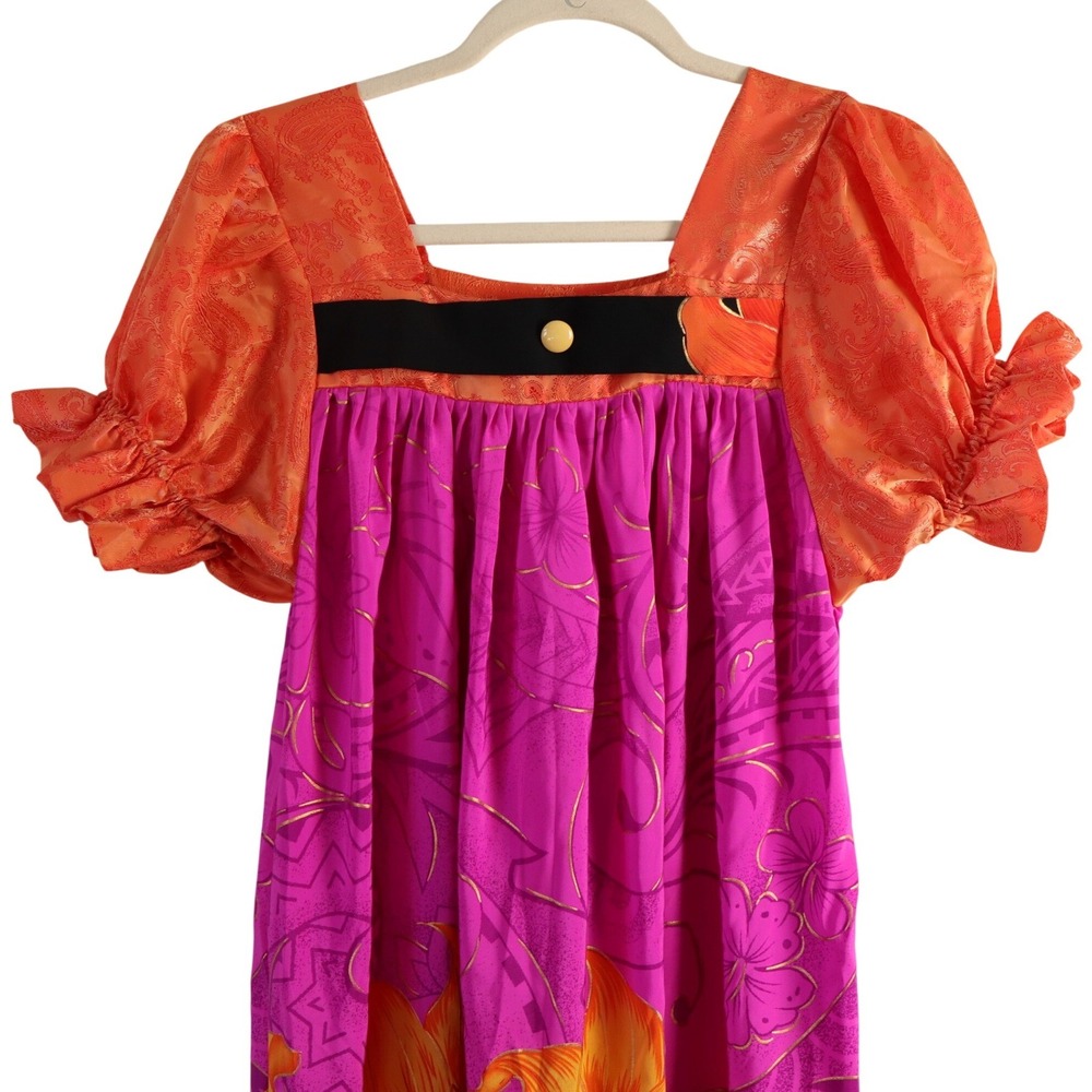 Vintage Handsewn Micronesian Dress Floral Orange Pink Square Neck Puff Sleeve - Picture 4 of 15